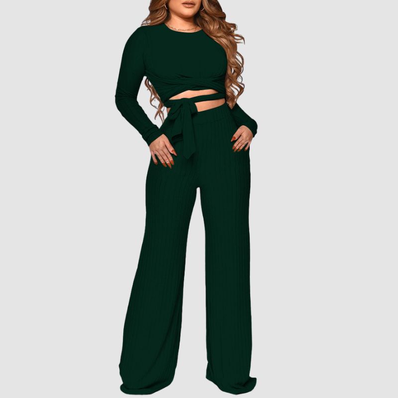 Ribbed Knit Tie-up Top & Wide Leg Pant Set Black / 2XL