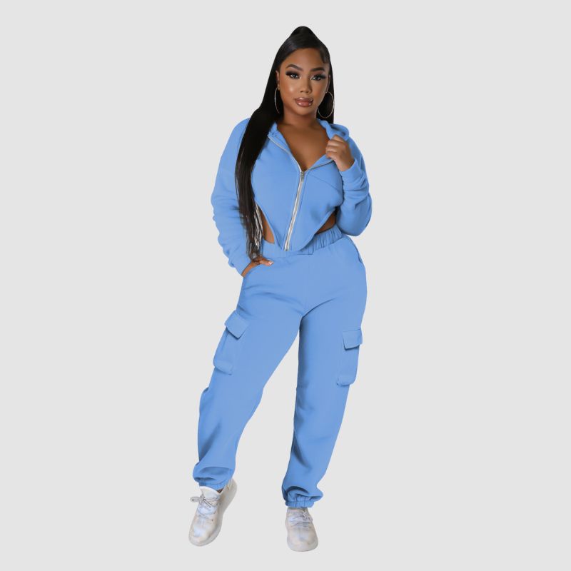 Irregular Zipper Top & Cargo Pant Set Black / 2XL