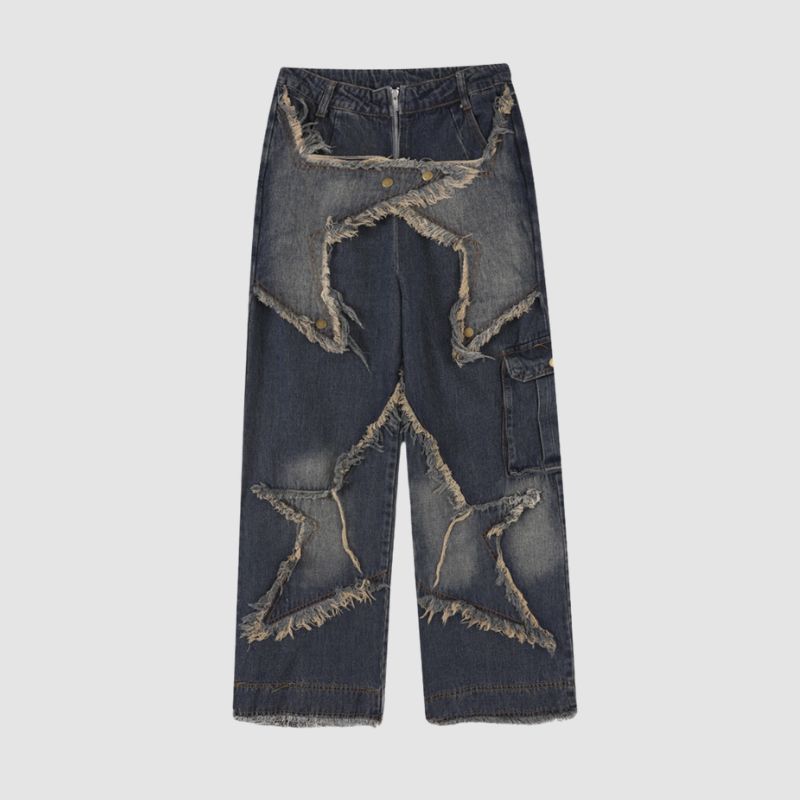 Star Pattern Frayed Patchwork Jeans Blue / S