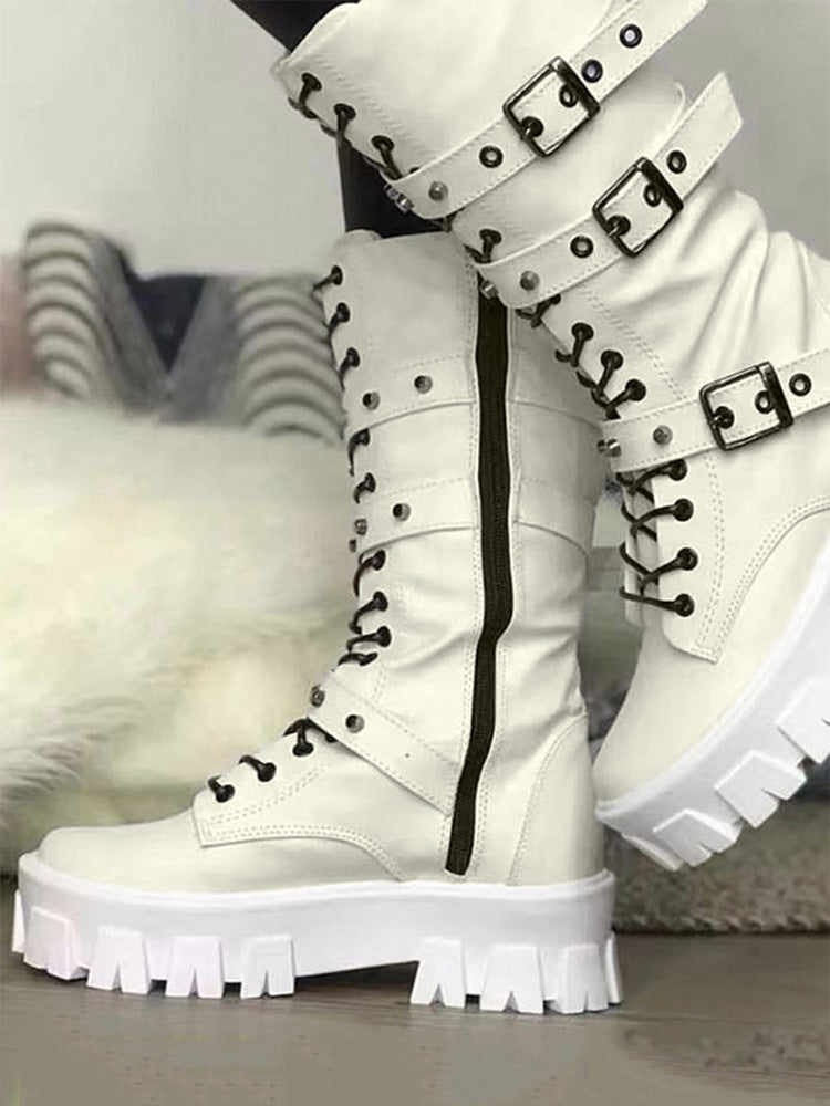 Eyelet Buckled Zipper Platform Boots White / 7.5/8
