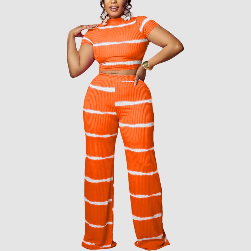 Stripe Printed Ribbed Knit Wide Leg Set Rose / 2XL