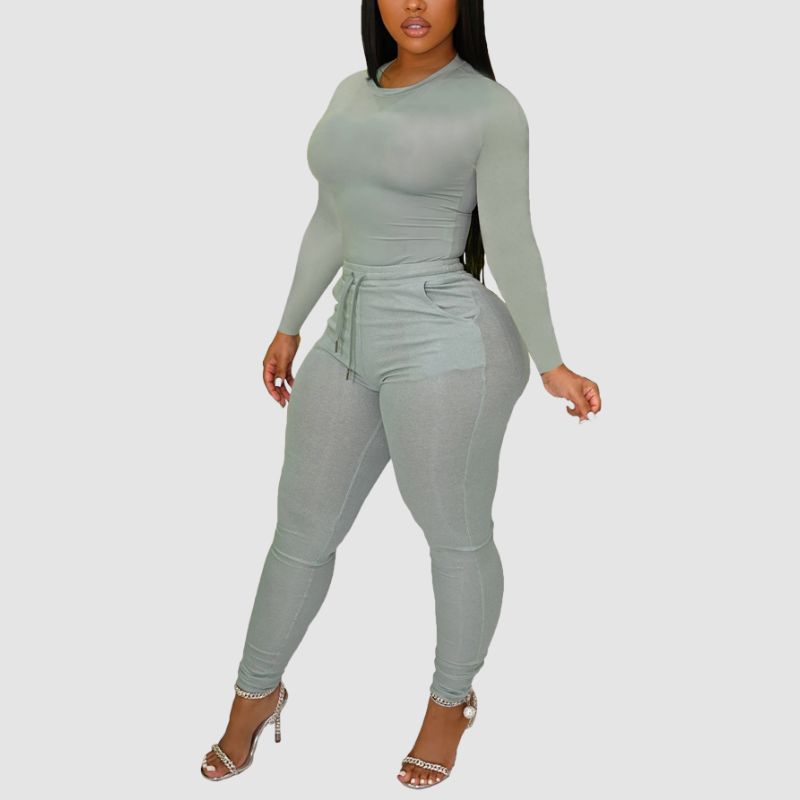Solid Color Bodycon Two Pices set Khaki / XL