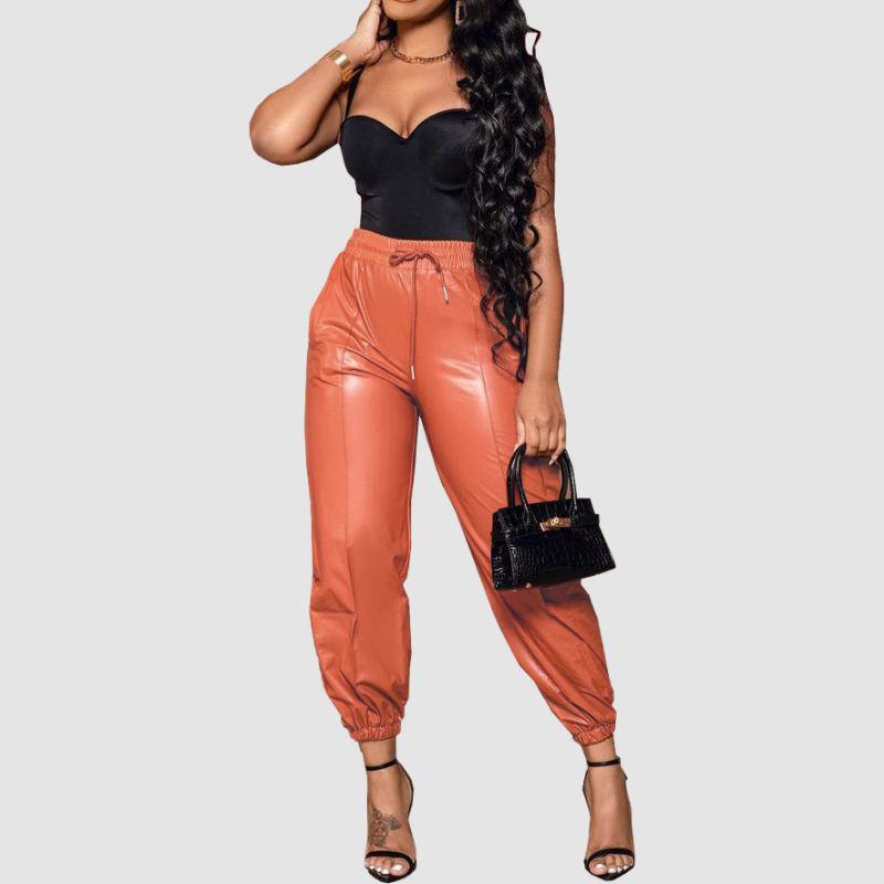 Solid Color Drawstring PU Pants Black / 2XL