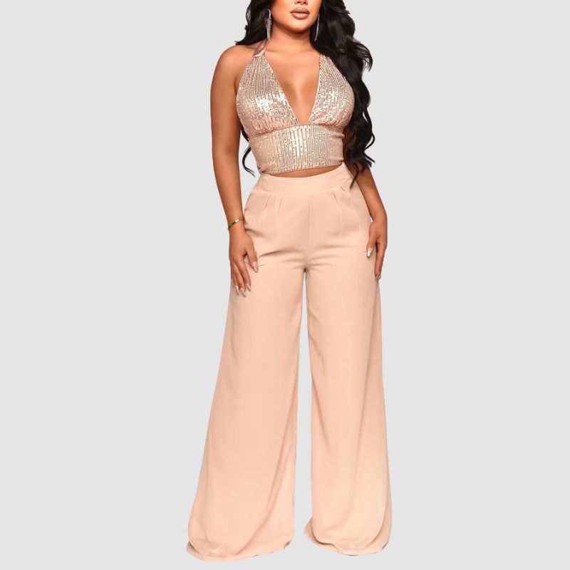 Sequined Halter Vest & High Waisted Straight Pants Set Black / S