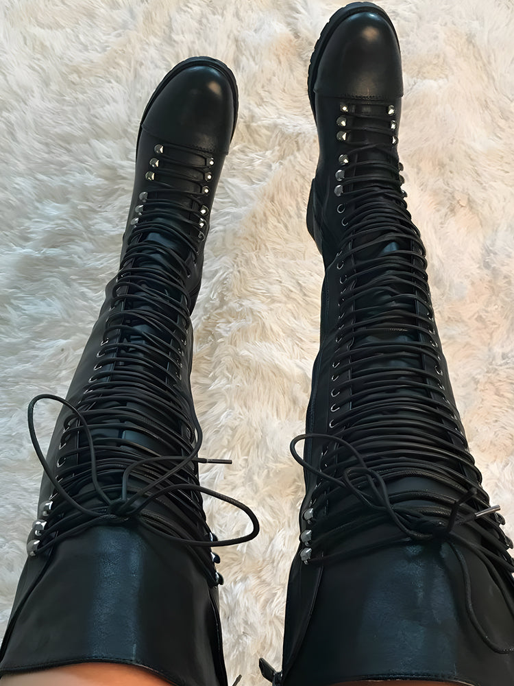 Lace Up Leather Over The Knee Boots Brown / 10.5/11