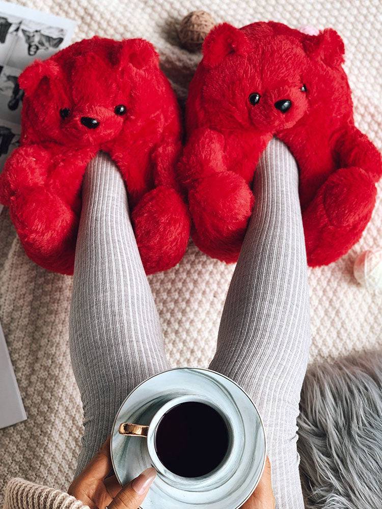 Fluffy Teddy Bear Slippers Pink Yellow
