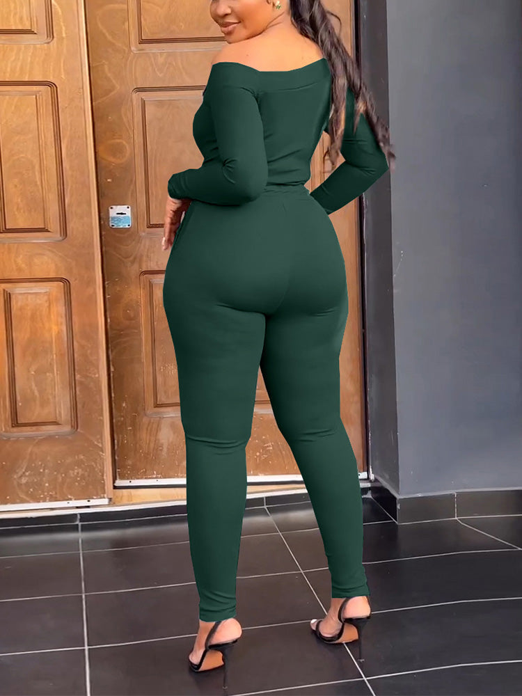 Zipper Top Drawstring Pants Set Dark Green / L