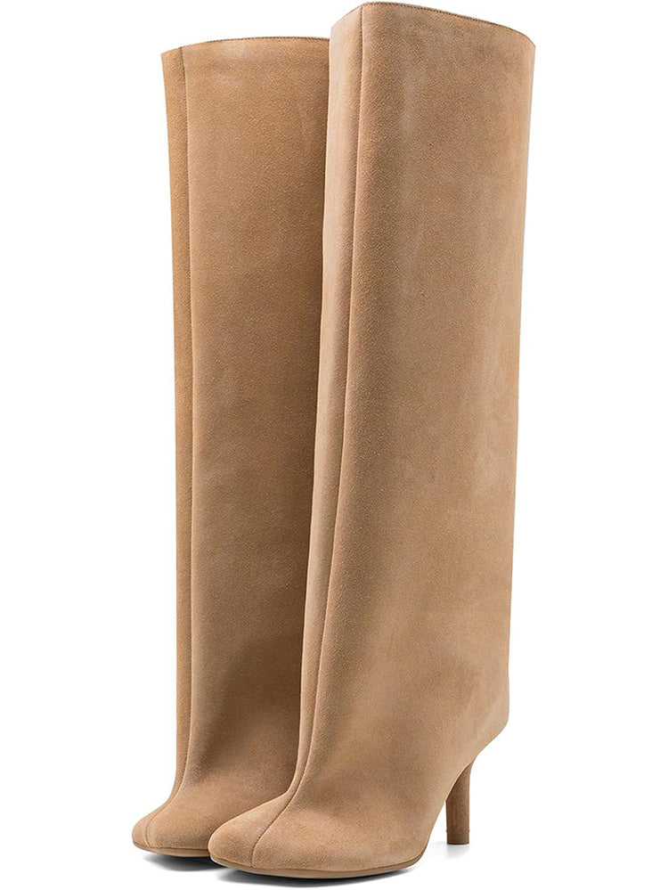 Suede Wide Calf Square Toe Boots Apricot / 10.5/11