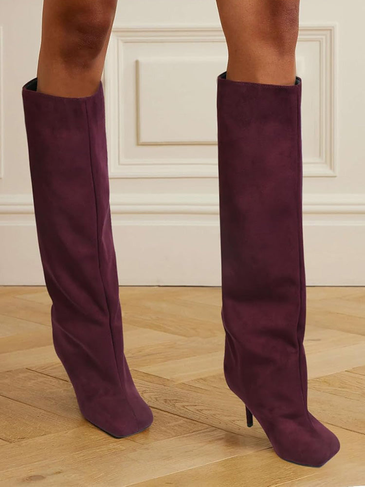 Suede Wide Calf Square Toe Boots Burgundy / 6