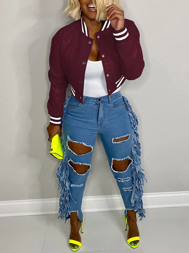 Varsity Button Down Crop Jacket Blue / L