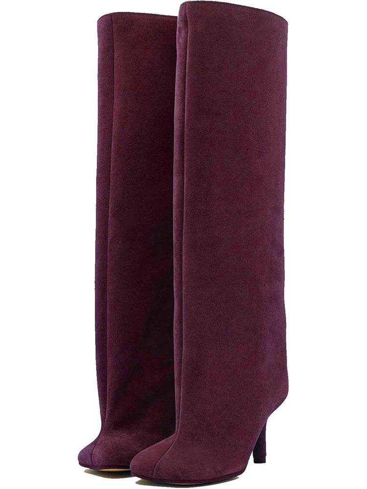 Suede Wide Calf Square Toe Boots Burgundy / 7.5/8