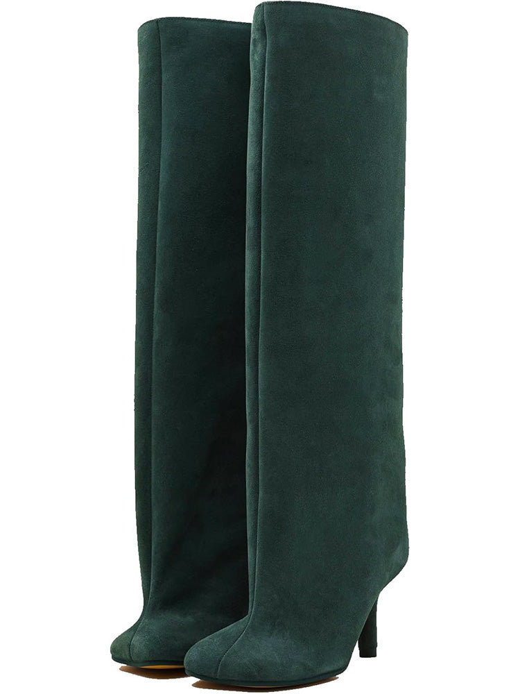 Suede Wide Calf Square Toe Boots Dark Green / 9/9.5