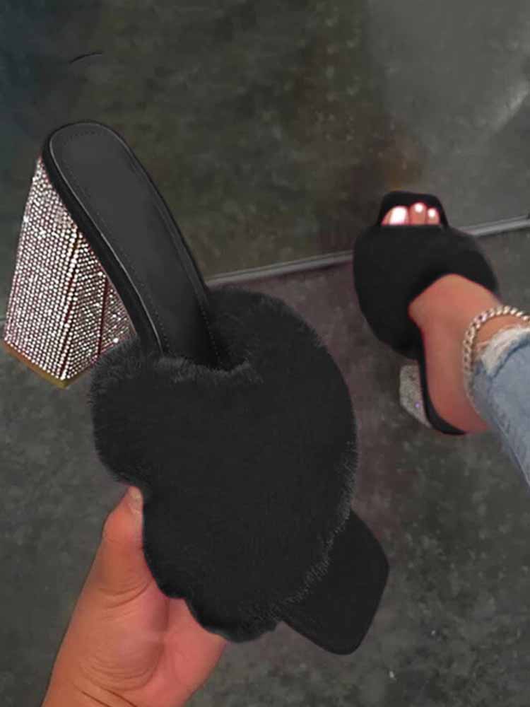 Rhinestone Chunky Heel Furry Sandal Yellow / 6.5/7