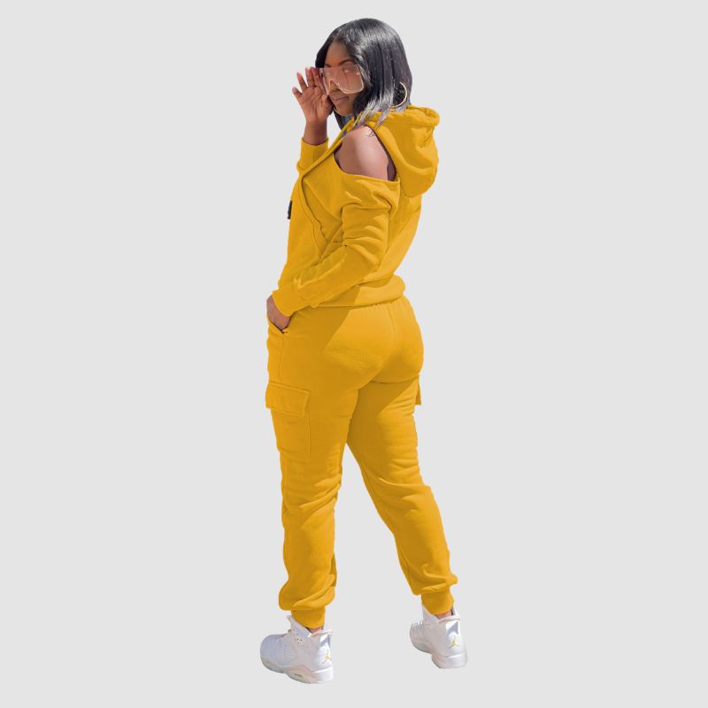 Off Shoulder Hoodies & Pocket Patchwork Pant Set Red / S
