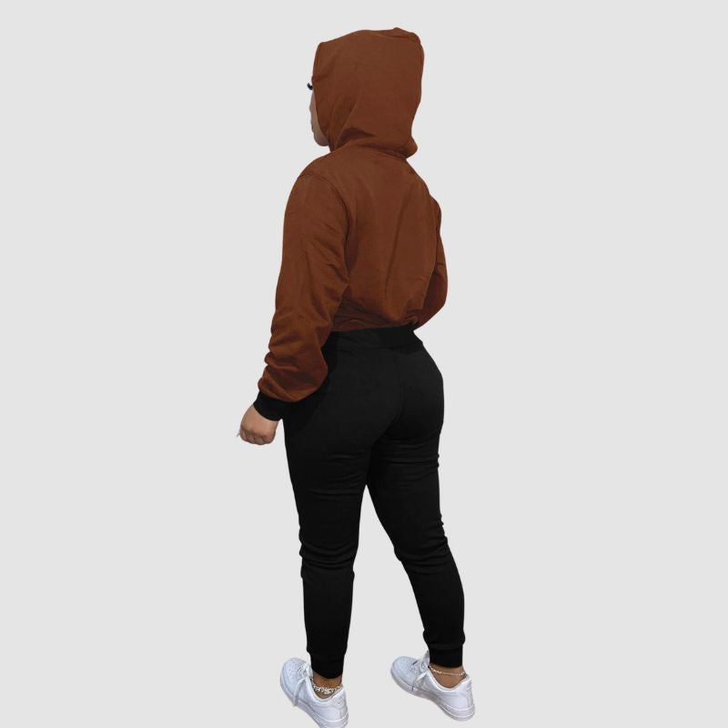 Patchwork Hoodies & Solid Color Pant Set Pink / S