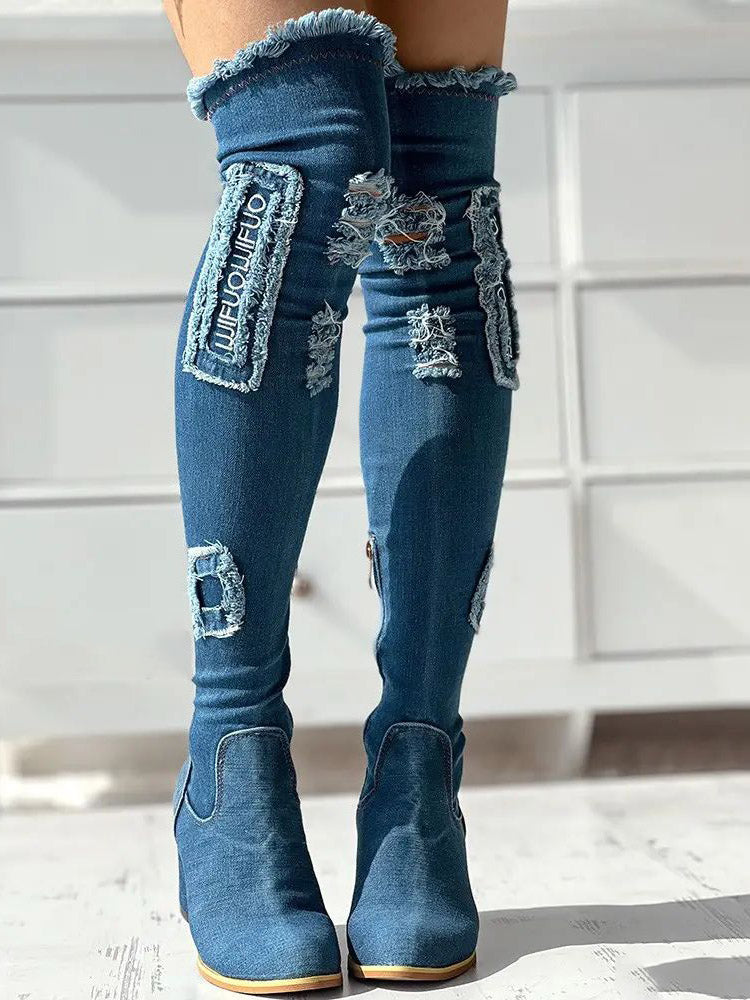 Ripped Over The Knee Denim Boots Blue / 6.5/7