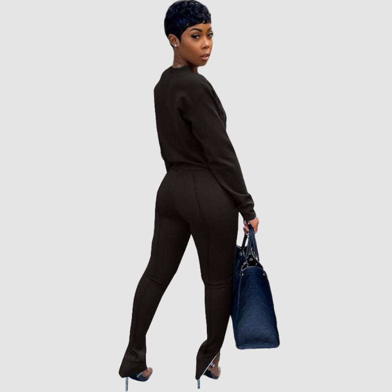Crew Neck Top & Slit Pant Set Brown / S