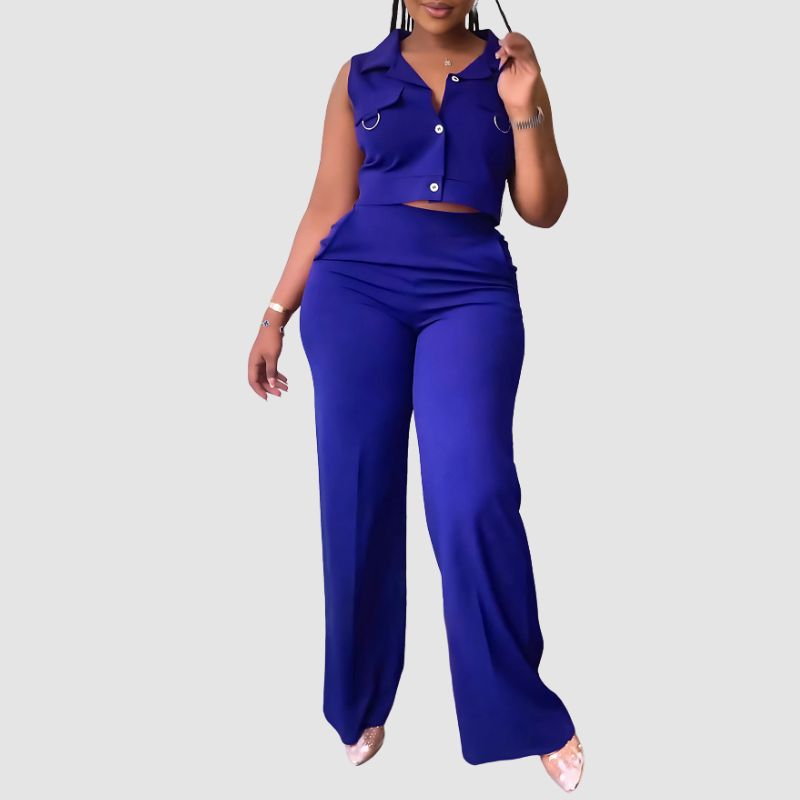 Solid Color Vest & Straight Leg Pants Set Black / M