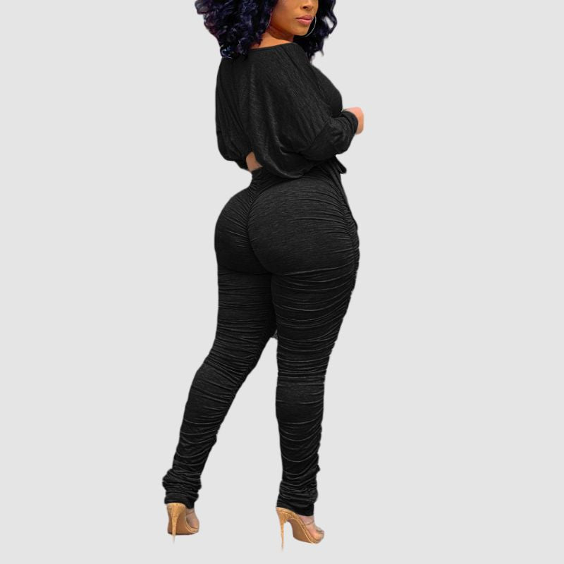 Drawstring Crop Top & Pleated Pant Set Black / S