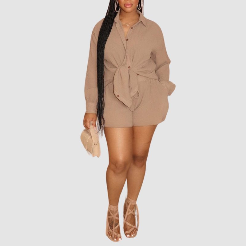 Solid Color Casual Shirts & Shorts Set Rose / S