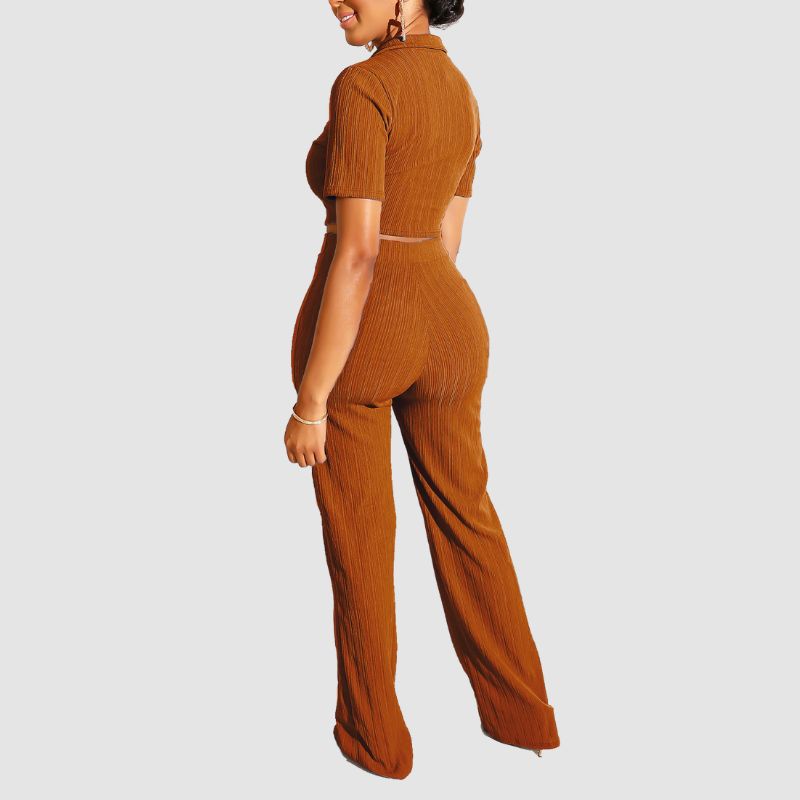 Lapel Crop Top & Long Pant Set Grey / XL