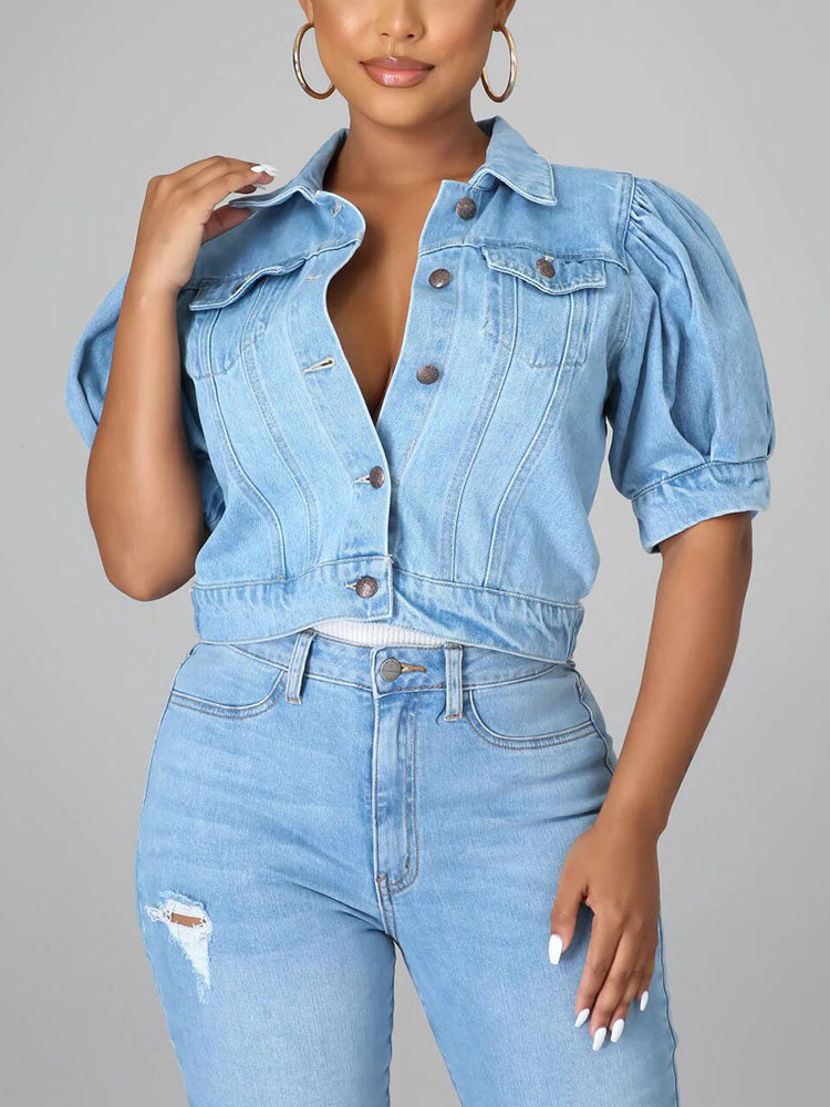 Puff Short Sleeve Denim Jacket Dark Blue / 2XL