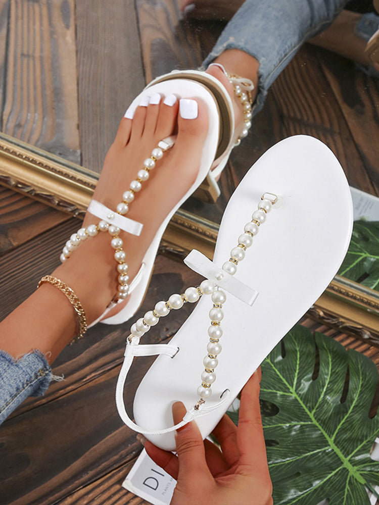 Roman Style Beaded Flat Sandals White / 9/9.5