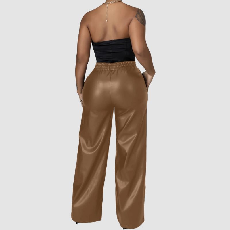 Solid Color Wide Leg PU Leather Pants Brown / M