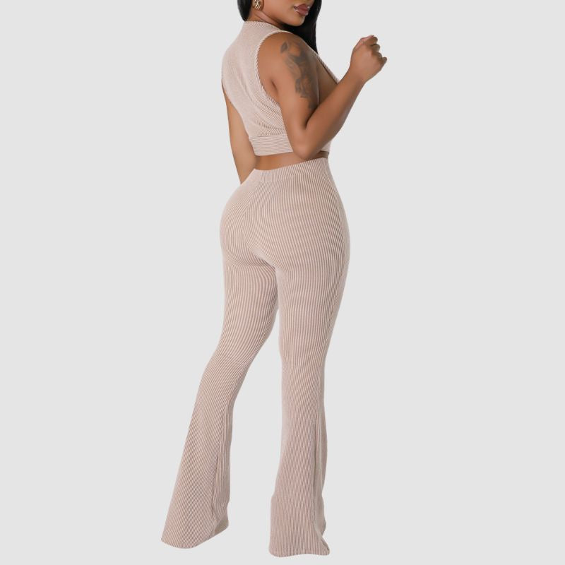 Solid Color Ribbed Knit Vest Set Khaki / S