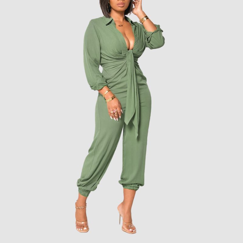 V Neck Tie UP Jumpsuits Black / 3XL