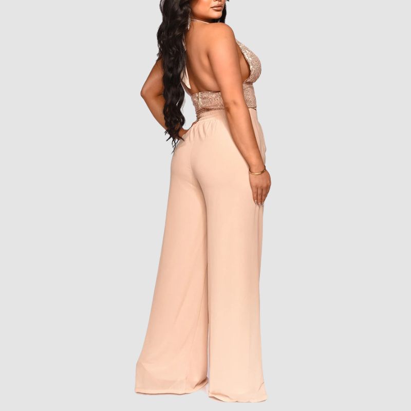 Sequined Halter Vest & High Waisted Straight Pants Set Black / M