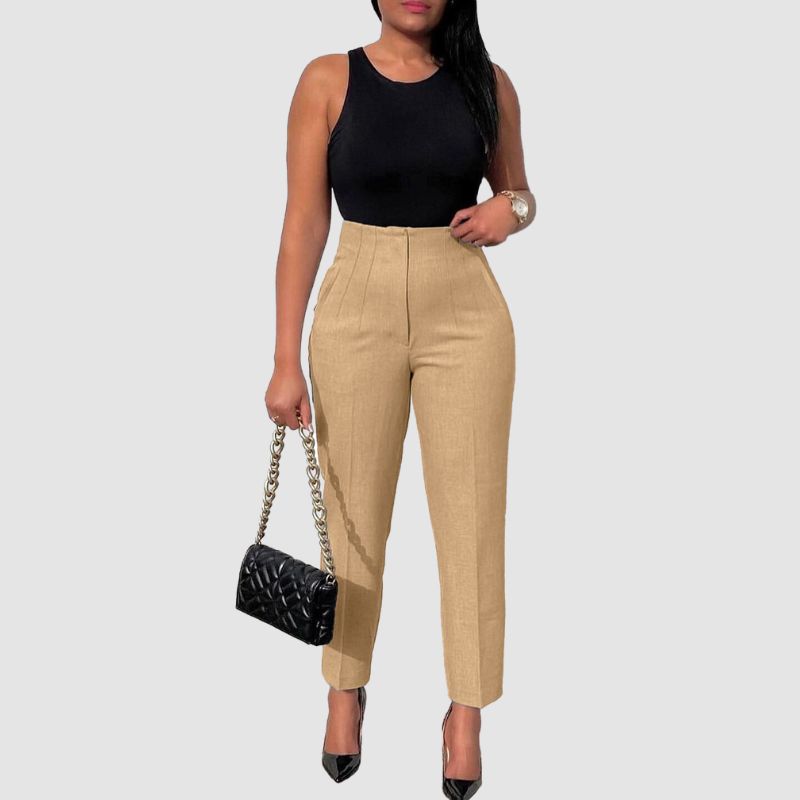 High-Waisted Solid Color Trousers Black / 3XL