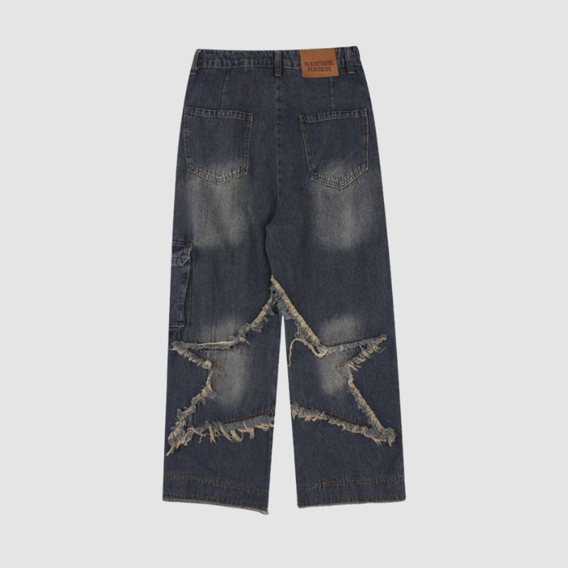 Star Pattern Frayed Patchwork Jeans Blue / M
