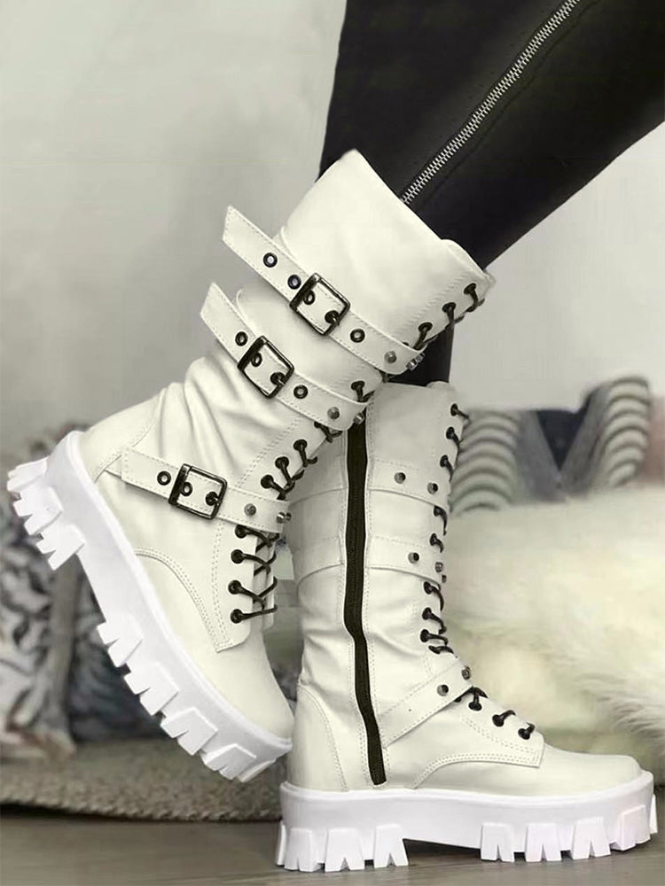 Eyelet Buckled Zipper Platform Boots White / 6.5/7