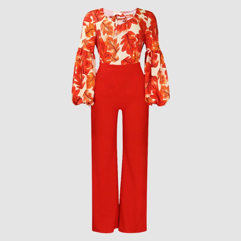 Flower Printed Wide Leg Pant Set Orange / 3XL