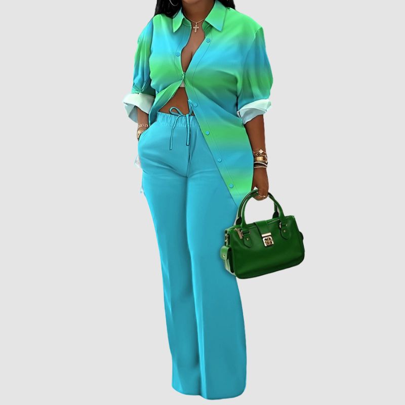 Printed Shirts & Wide Leg Pant Set Blue / 3XL