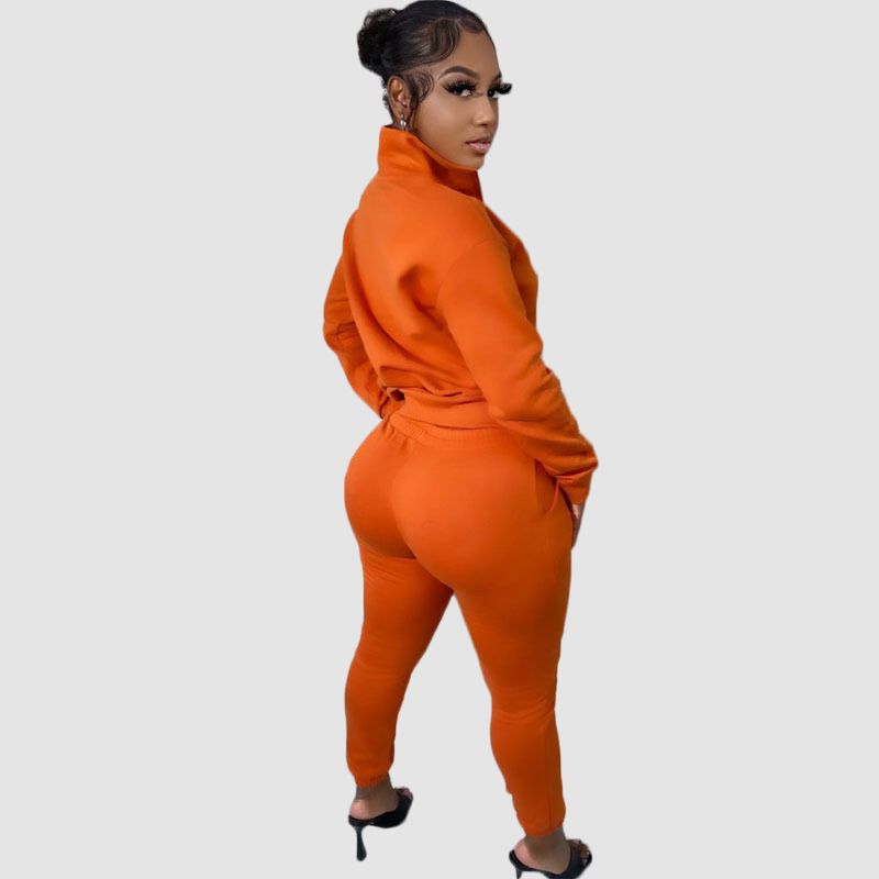 Zipper Sweatshirt & Drawstring Waist Pants Set Brown / S