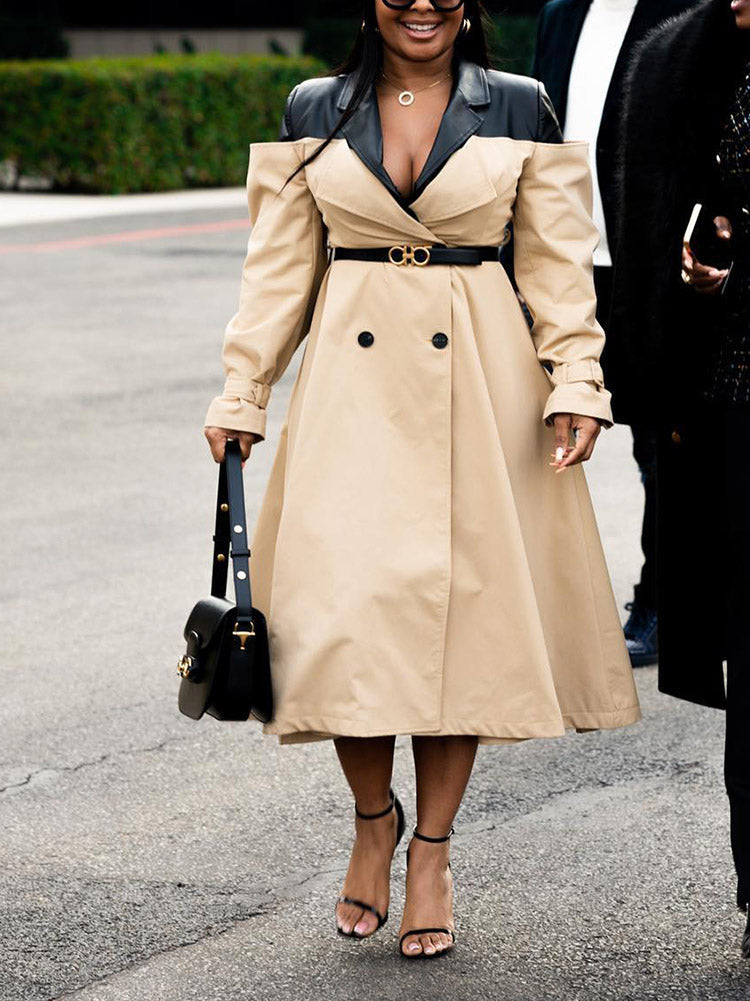 Leather Contrast Belted Trench Coat Khaki / M