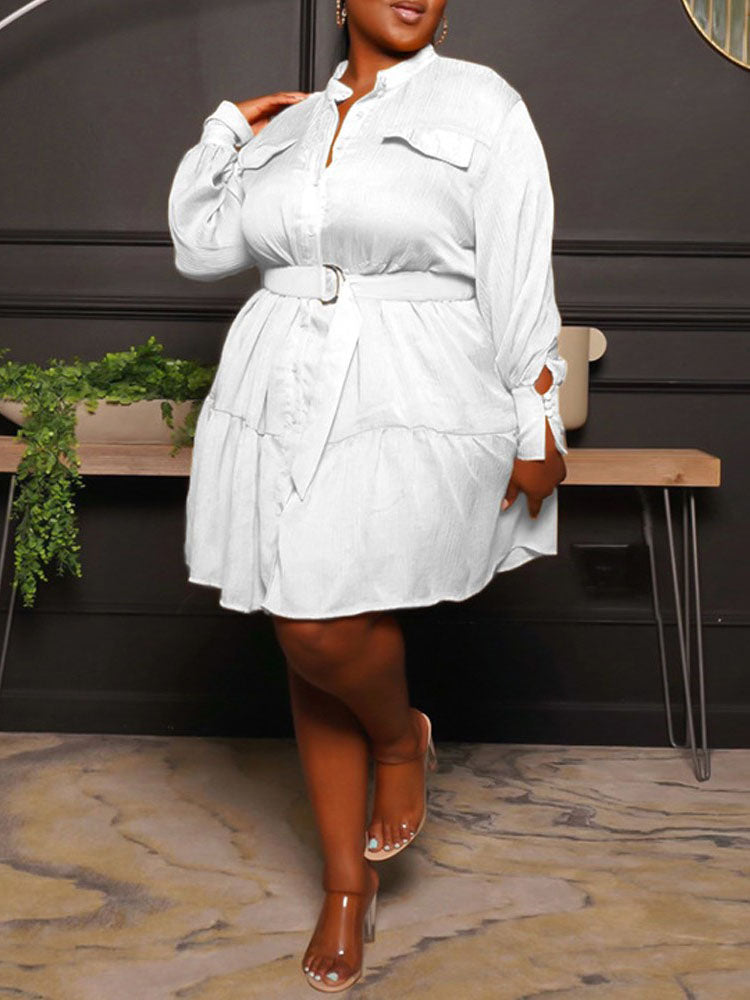 Ruffle Hem Belted Dress Black / 3XL
