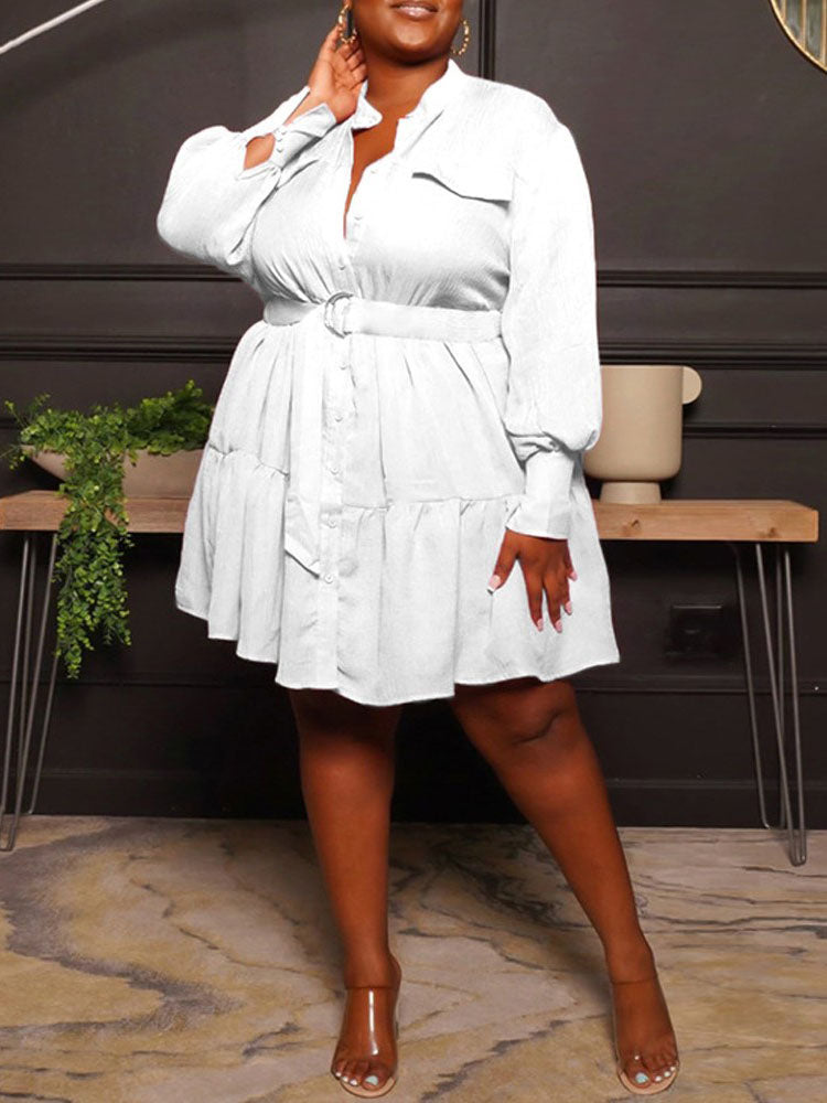 Ruffle Hem Belted Dress Black / 2XL