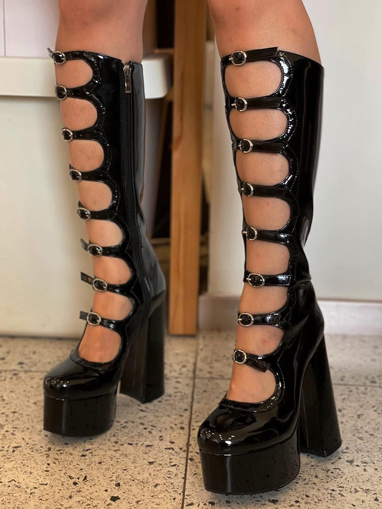 Leather Buckle-Strap Platform Boots Black / 9/9.5