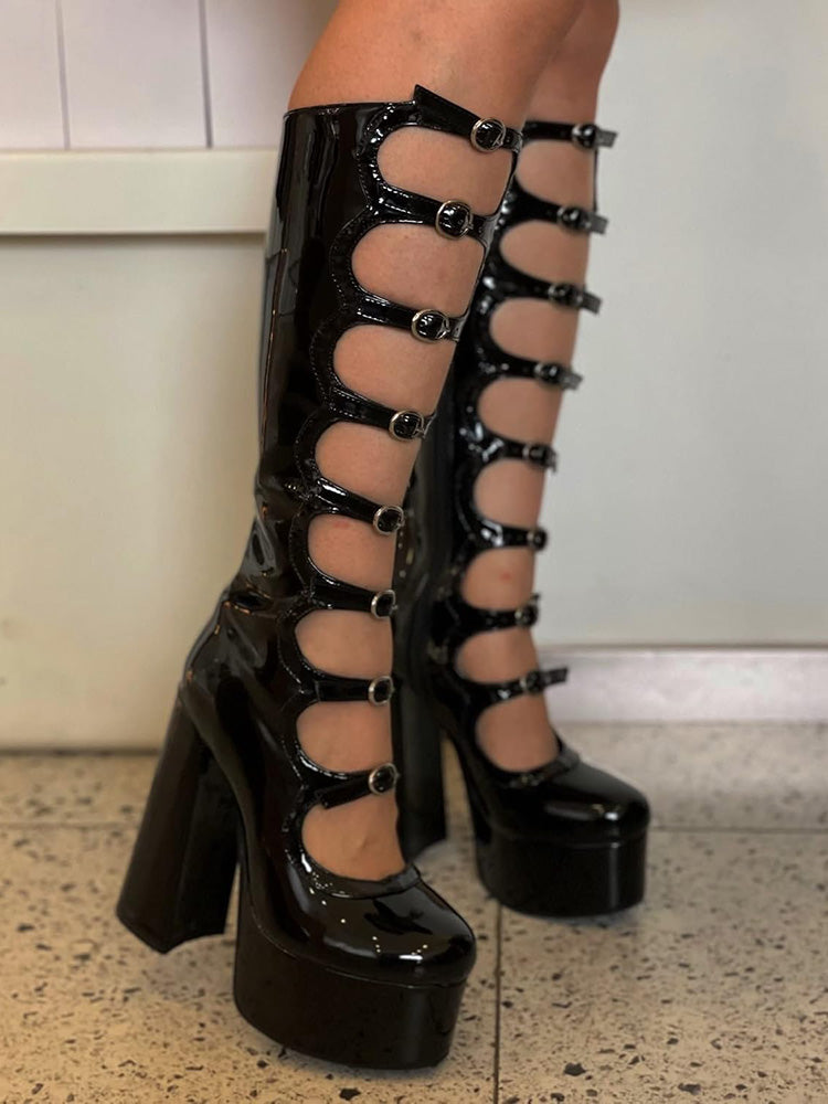 Leather Buckle-Strap Platform Boots Black / 10