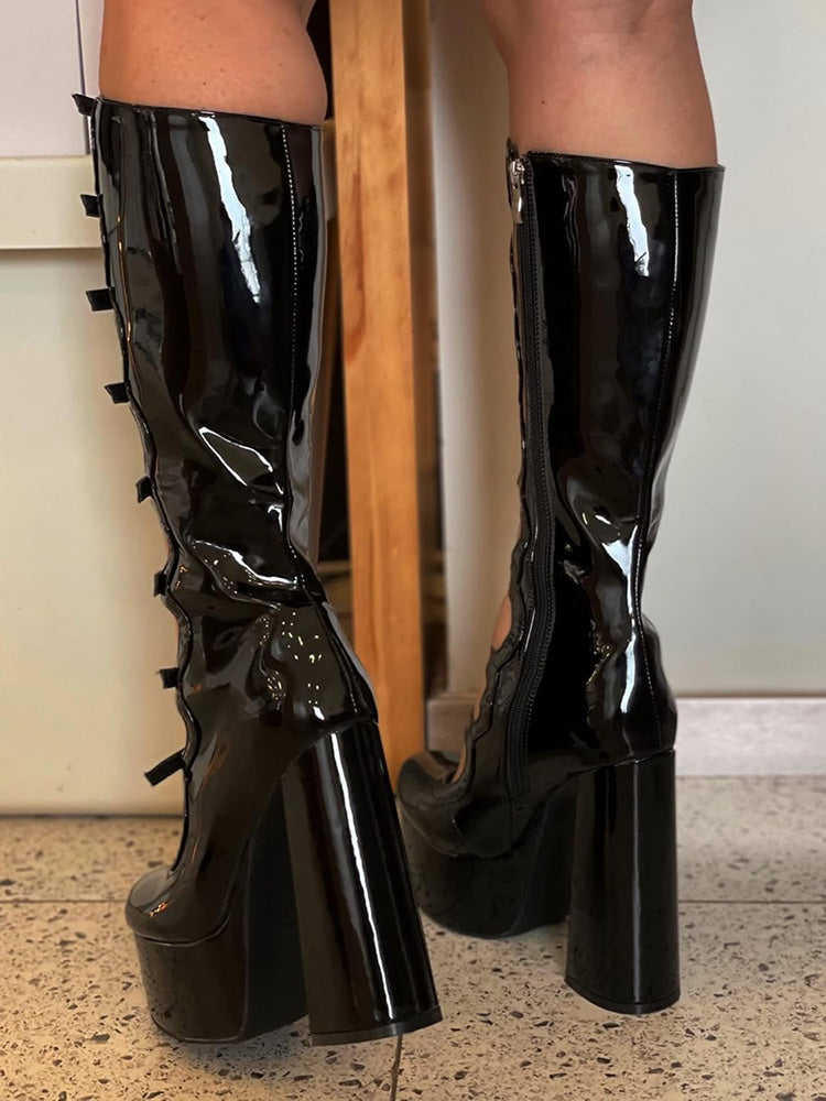 Leather Buckle-Strap Platform Boots Black / 11.5