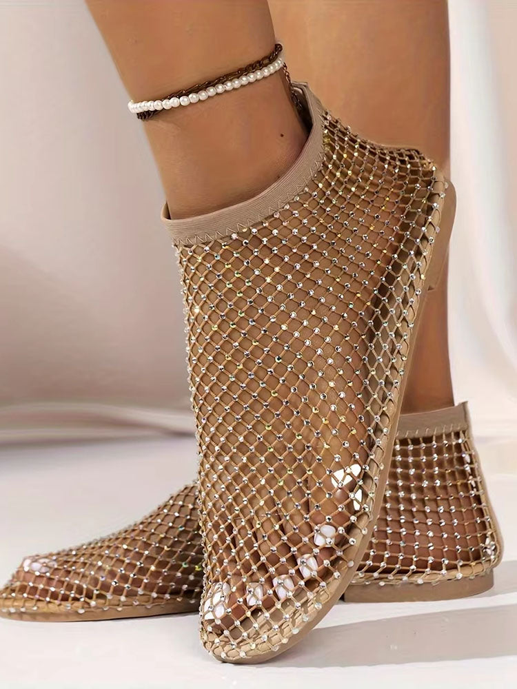 Rhinestone Mesh Flat Sandals Black / 7.5/8