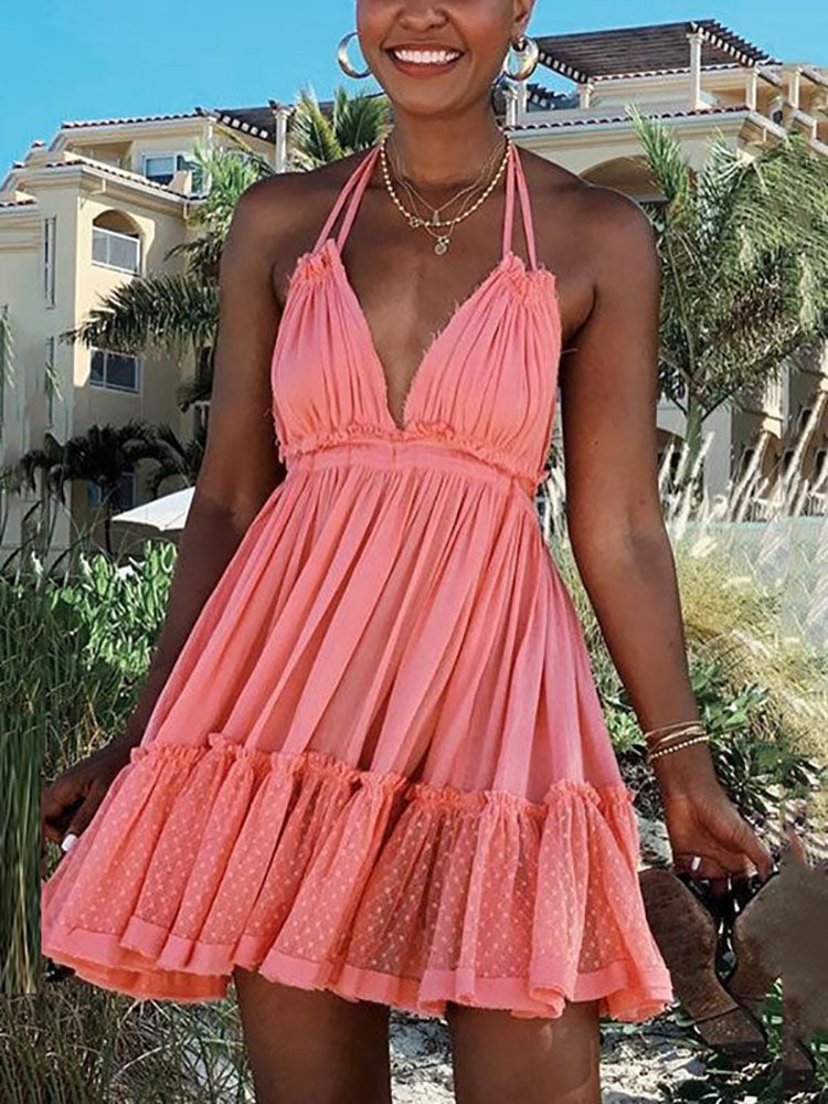 Women's Halter Backless Ruffle Dress Black / M