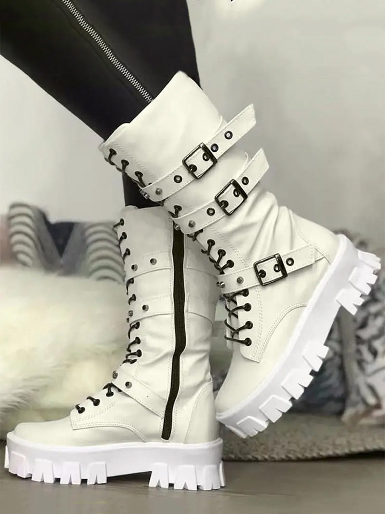 Eyelet Buckled Zipper Platform Boots White / 6