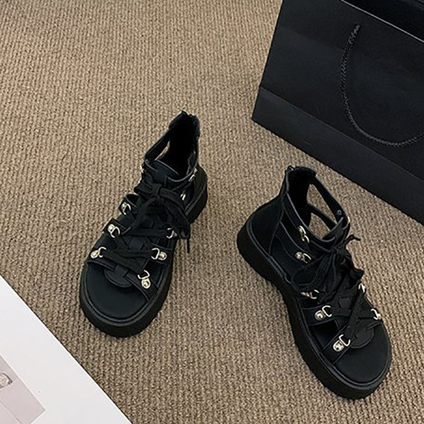 Thick-Sole Lace Up Roman Sandals Black / EU:37:US Women's 6-6.5