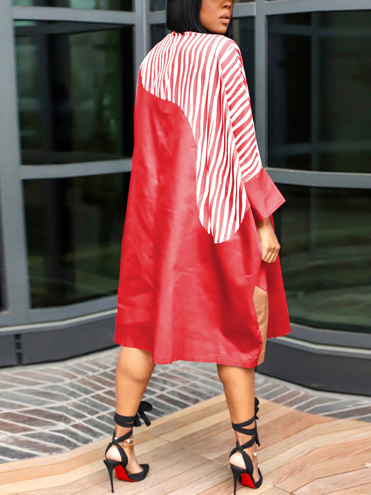 Colorblock Turndown Collar Shirt Dress Red / S