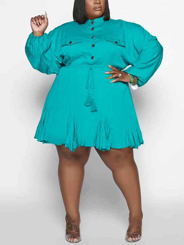 Turndown Collar Button Mini Dress Black / 3XL