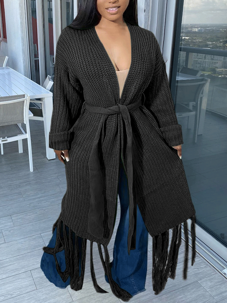 Knit Tassels With Belt Cardigan Black / S